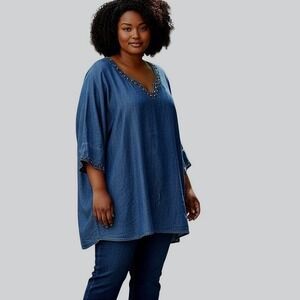 Paradiso Denim Dress Rhinestone Embedded V Neck Sleeve Womens Sz 2XL Vintage Y2K